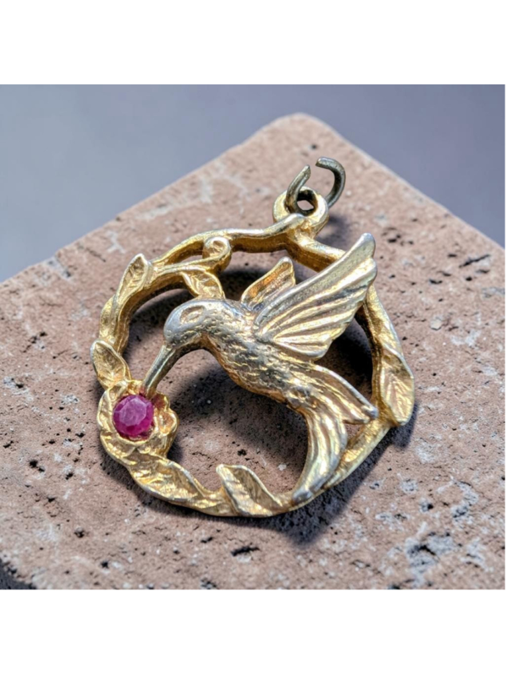 Vintage Hummingbird Charm Pendant Red Stone Gold Tone Bird Jewelry JJI